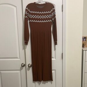 Brown Long-Sleeve Knit Midi Dress with Geometric Yoke